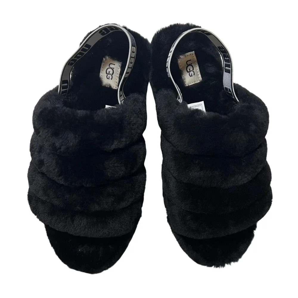 UGG Fluff Yeah Slide in Black Fur, Big Kids US Size 6, NWT